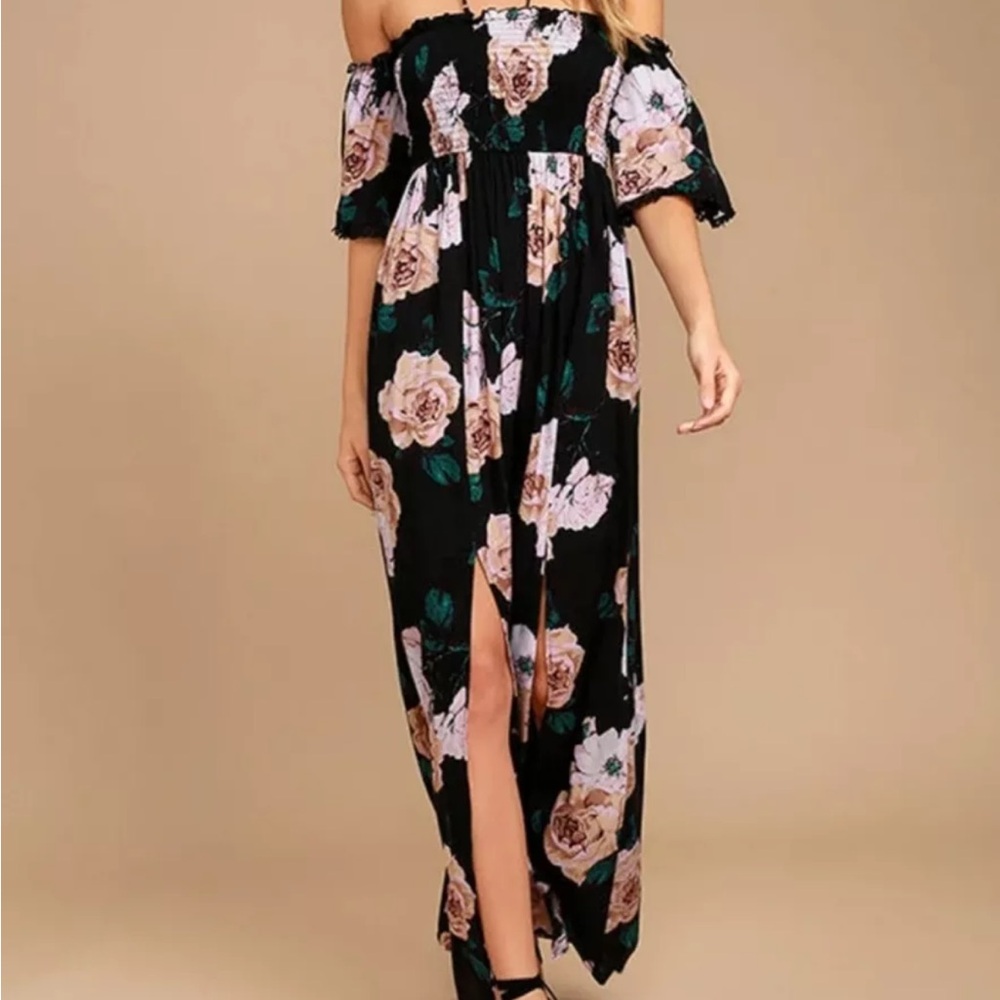 Lulu's Black Pink Floral Maxi Slit Dress Off the Shoulder Sleeves